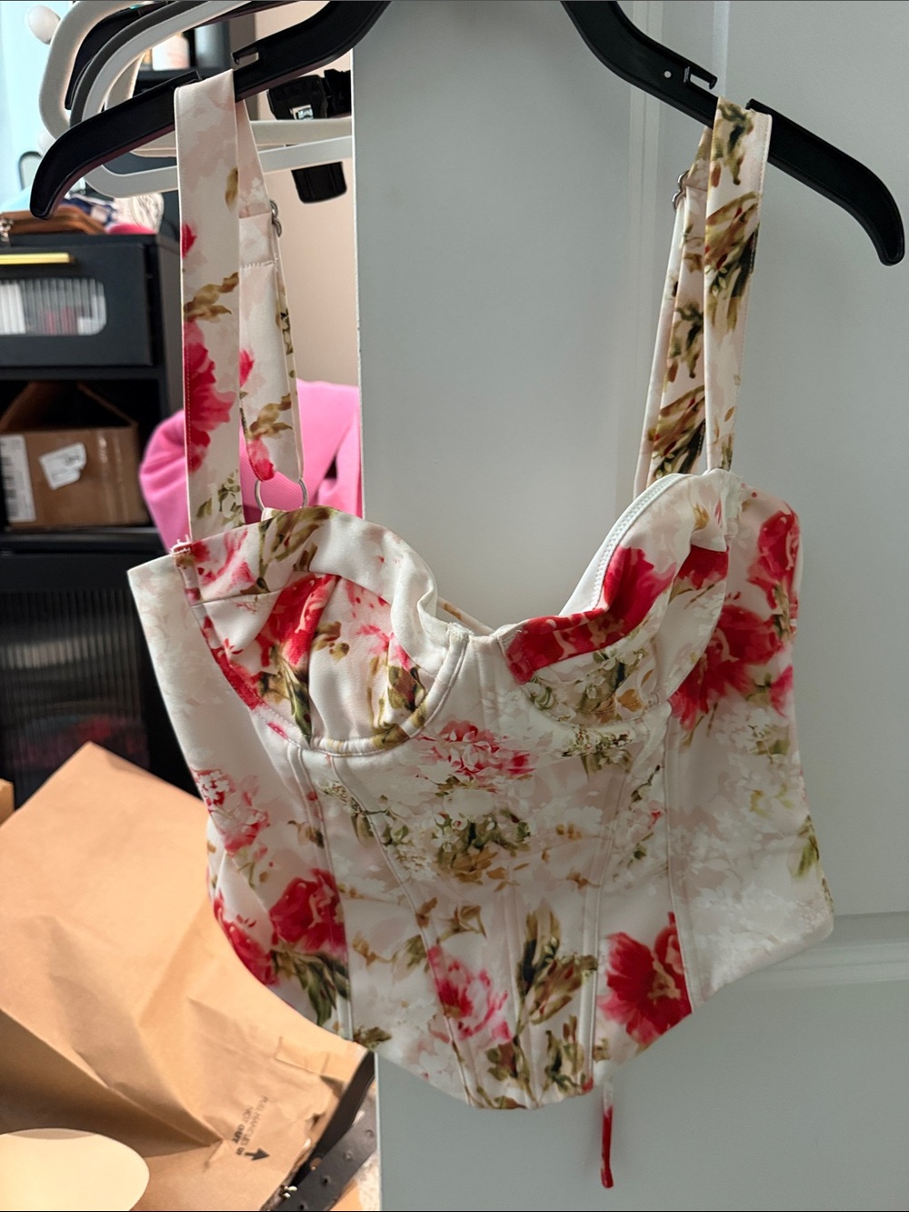 White Fox Boutique Floral Bustier Crop Top in White and Pink